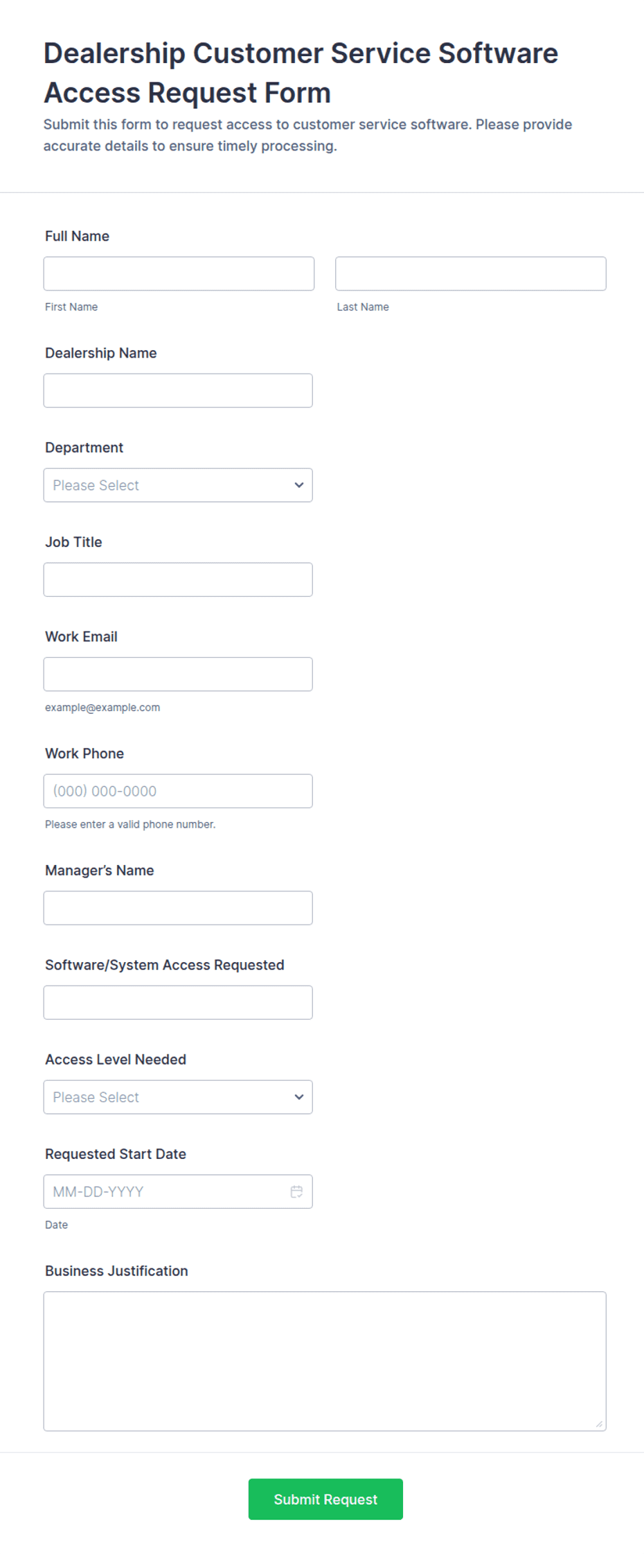 Dealership Customer Service Software Access Request Form Template | Jotform