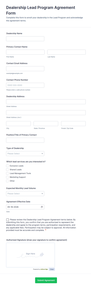 Dealership Lead Program Agreement Form Template