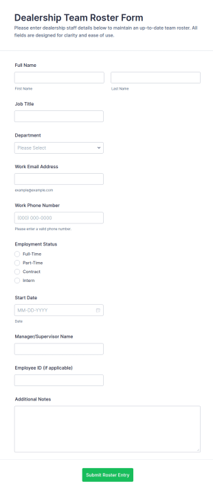 Dealership Team Roster Form Template