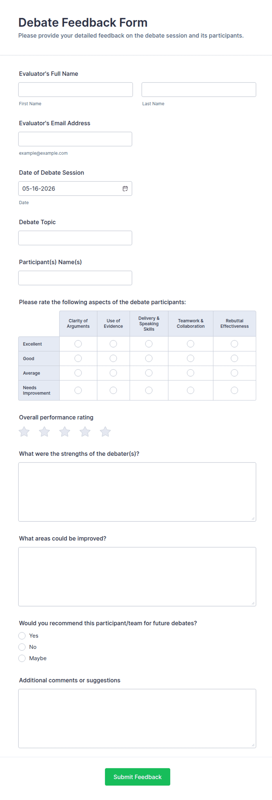 Discuss Form Debate Feedback Form Template | Jotform