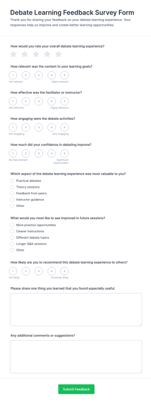 Debate Learning Feedback Survey Form Template