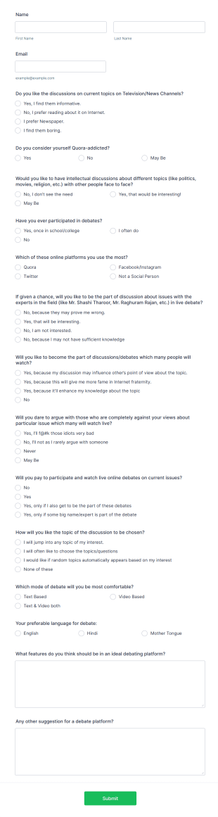 Debate Platform Survey Form Template