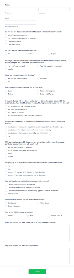 Debate Platform Survey Form Template