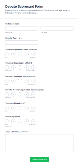 Debate Scorecard Form Template