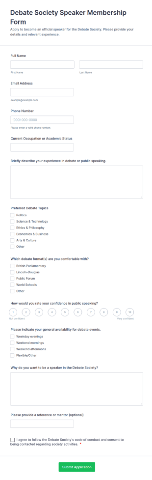 Debate Society Speaker Membership Form Template