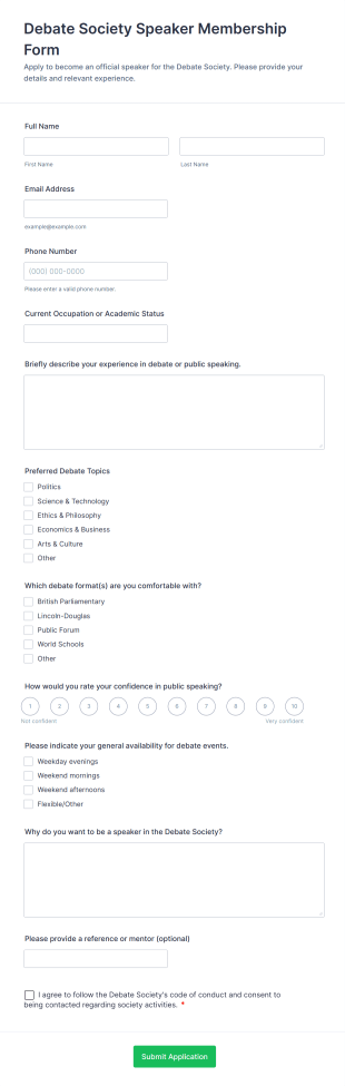 Debate Society Speaker Membership Form Template