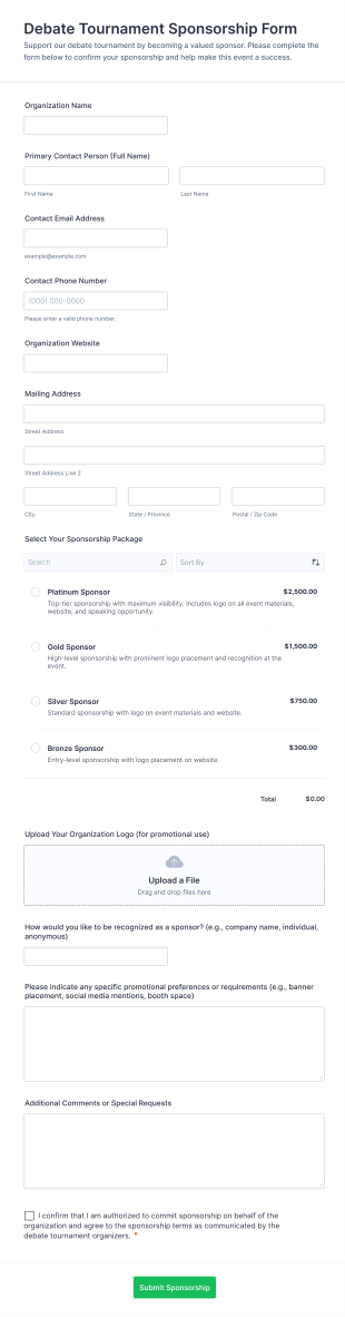 Debate Tournament Sponsorship Form Template