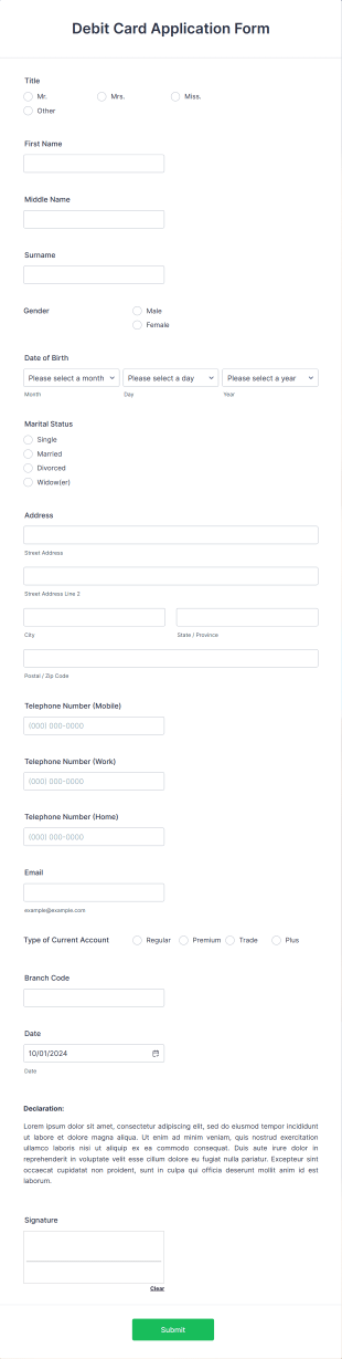 Debit Card Application Form Template