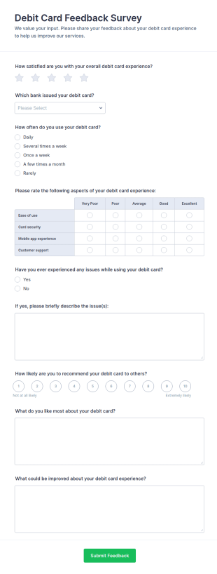 Debit Card Feedback Survey Form Template