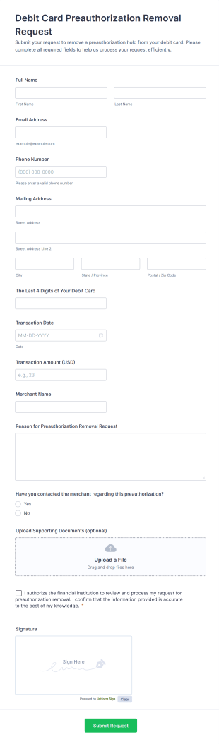 Debit Card Preauthorization Removal Request Form Template