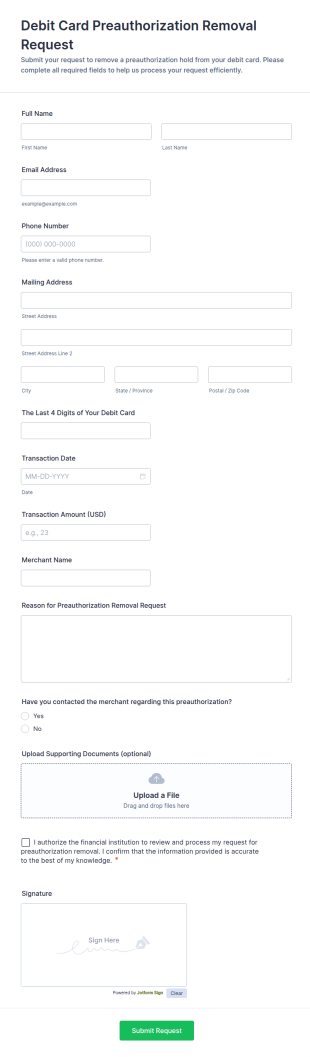 Debit Card Preauthorization Removal Request Form Template