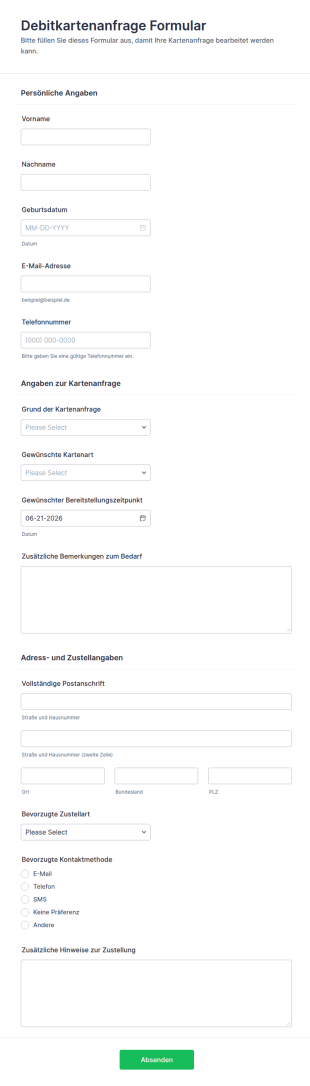 Debitkarten Antragsformular