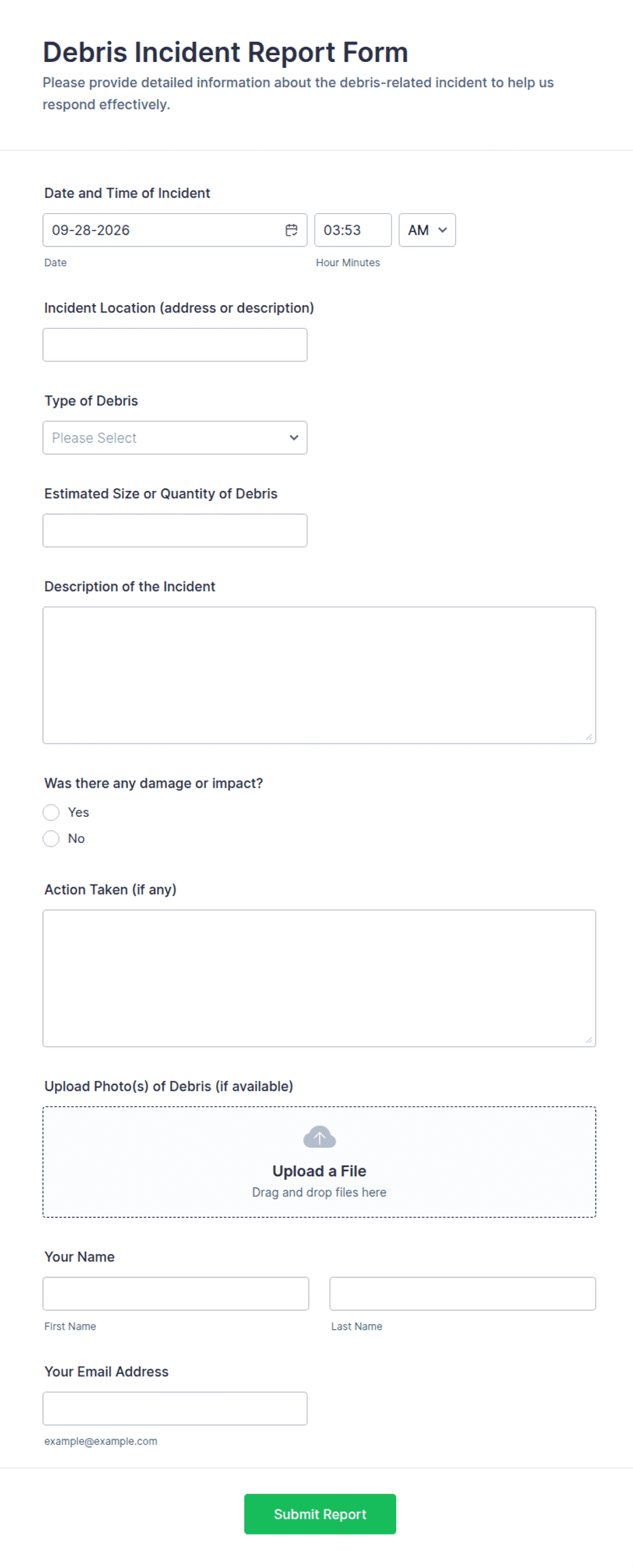 Debris Incident Report Form Template | Jotform