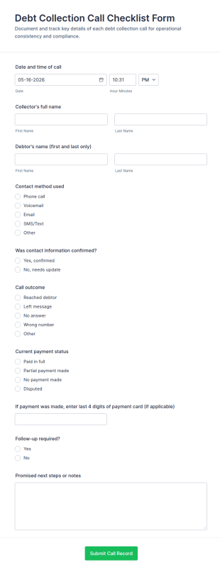 Debt Collection Call Checklist Form Template