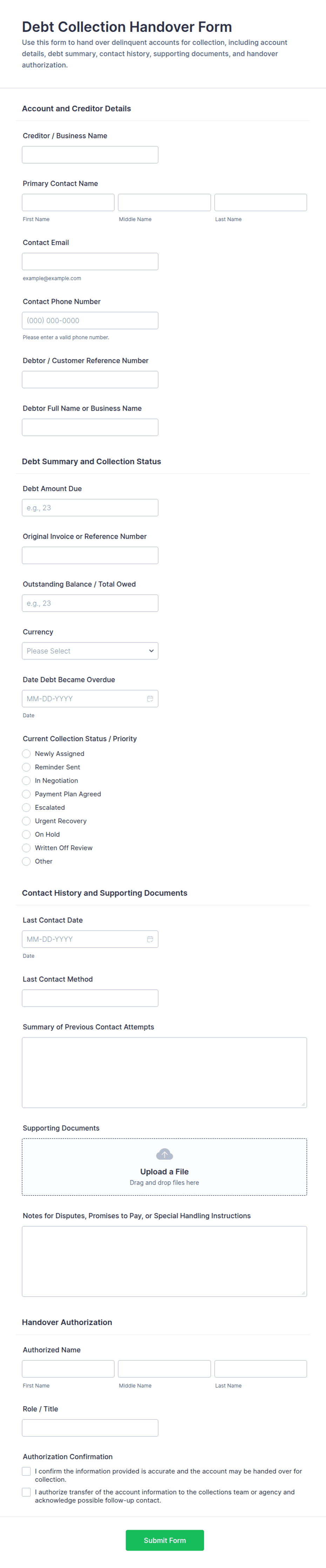 Debt Collection Handover Form Template | Jotform