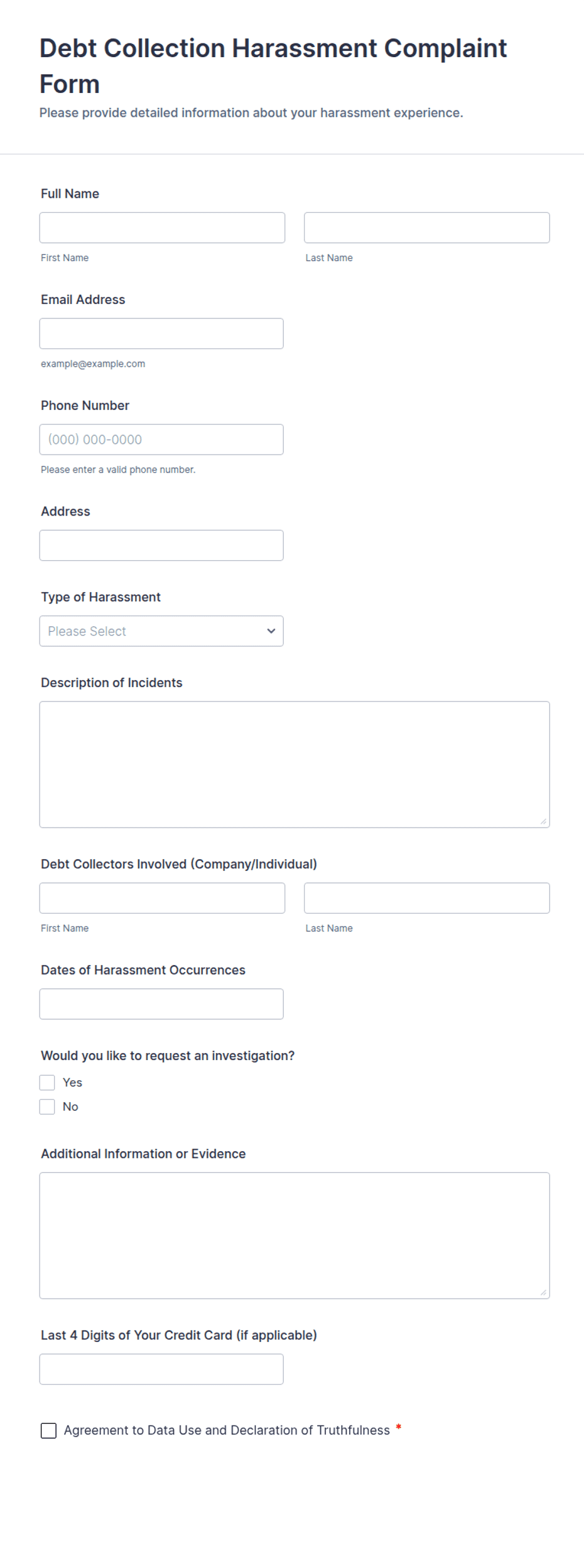 Debt Collection Harassment Complaint Form Template | Jotform
