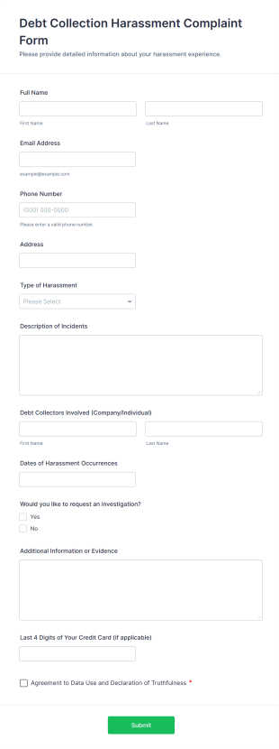 Debt Collection Harassment Complaint Form Template