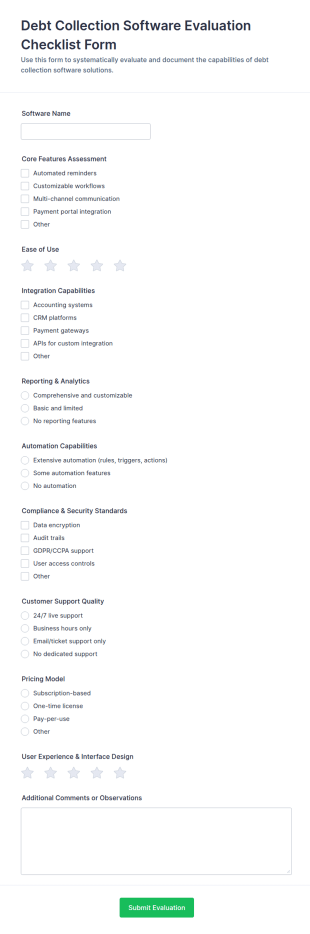 Debt Collection Software Evaluation Checklist Form Template