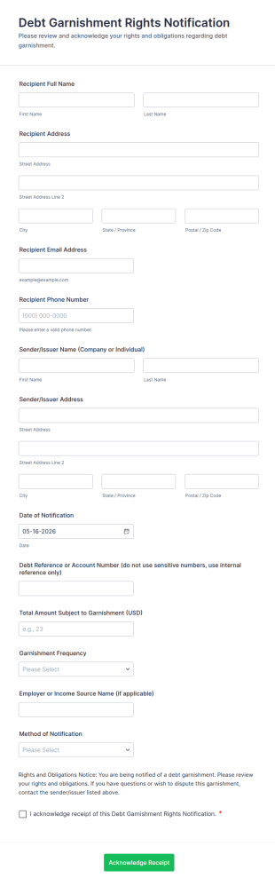 Debt Garnishment Rights Notification Form Template