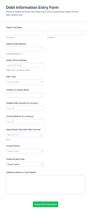 Debt Information Entry Form Template