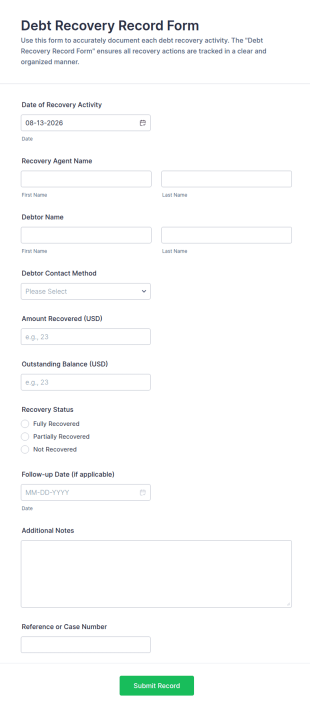 Debt Recovery Record Form Template