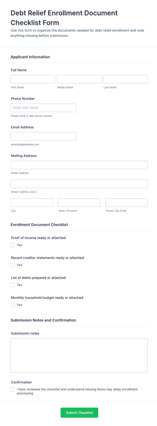 Debt Relief Enrollment Document Checklist Form Template