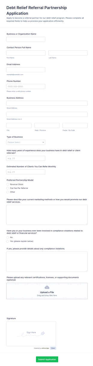 Debt Relief Referral Partnership Application Form Template