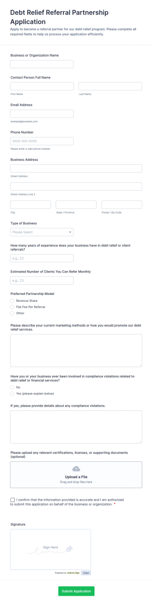 Debt Relief Referral Partnership Application Form Template