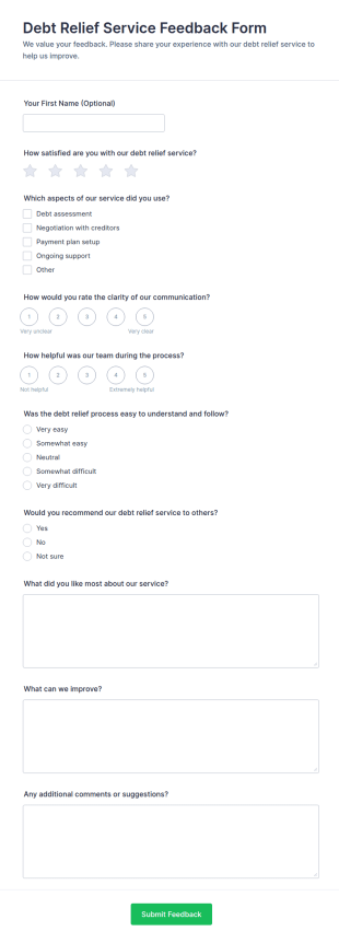 Debt Relief Service Feedback Form Template