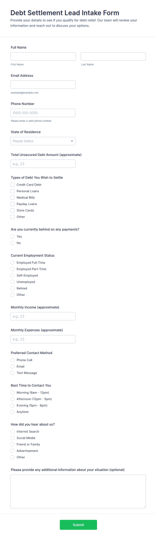 Debt Settlement Lead Intake Form Template