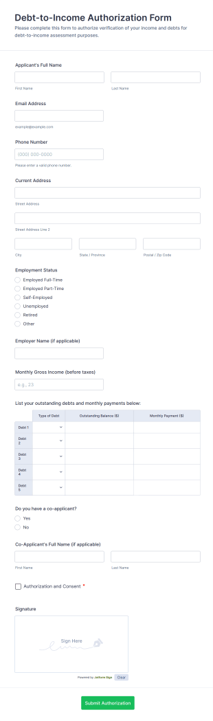 Debt To Income Authorization Form Template