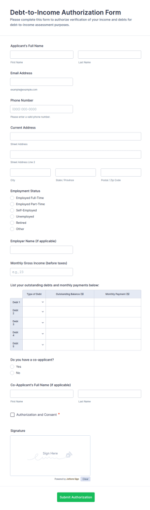 Debt To Income Authorization Form Template
