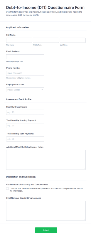Debt To Income (DTI) Questionnaire Form Template