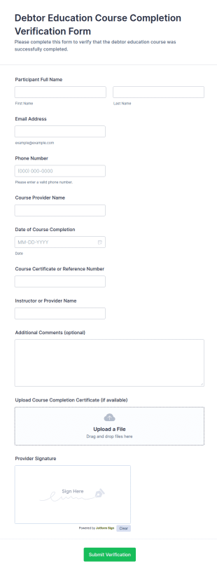 Debtor Education Course Completion Verification Form Template