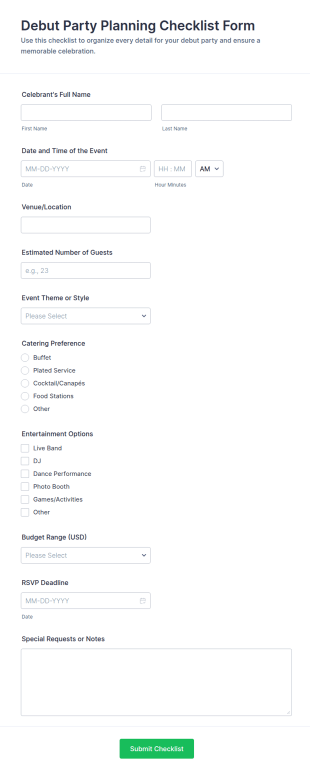 Debut Party Planning Checklist Form Template