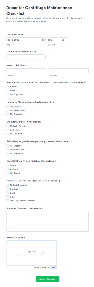 Decanter Centrifuge Maintenance Checklist Form Template