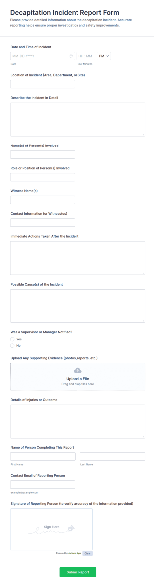 Decapitation Incident Report Form Template