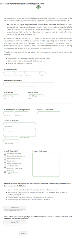 Deceased Parent Medical Record Request Form Template