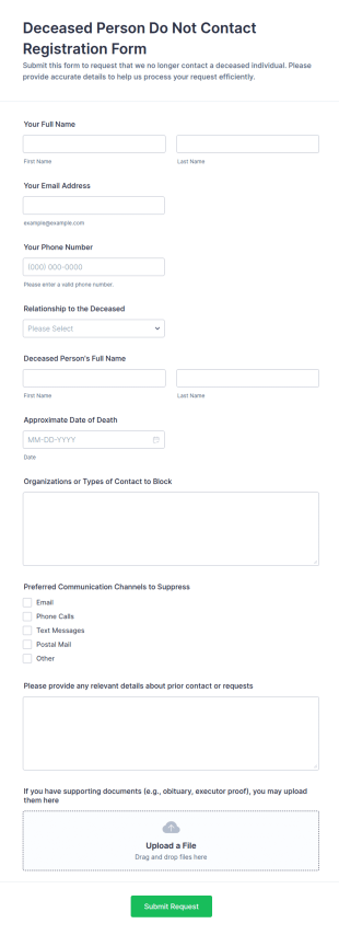 Deceased Person Do Not Contact Registration Form Template