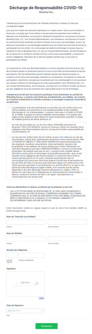 Décharge De Responsabilité COVID 19 Du Wrestling Club