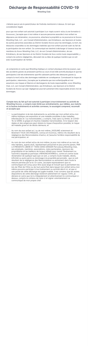 Décharge De Responsabilité COVID 19 Du Wrestling Club