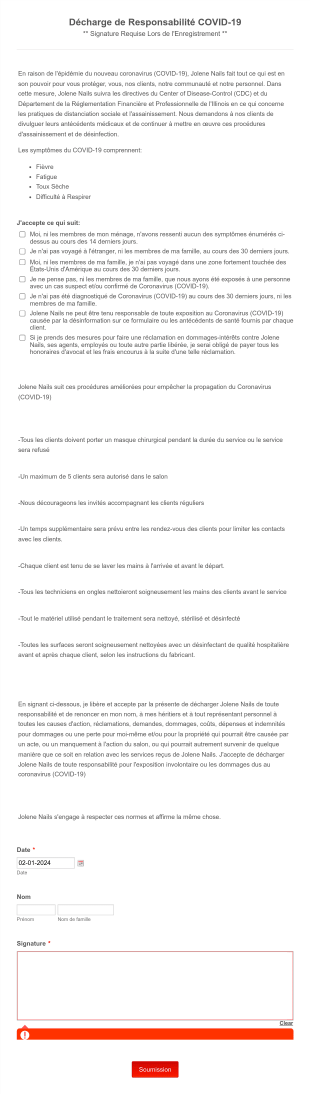 Décharge De Responsabilité COVID 19 Jolene Nails Form Template