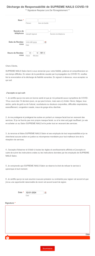 Décharge De Responsabilité De SUPREME NAILS COVID 19 Form Template