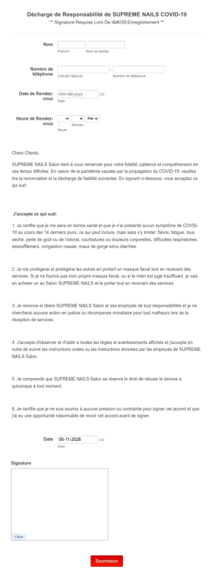 Décharge De Responsabilité De SUPREME NAILS COVID 19