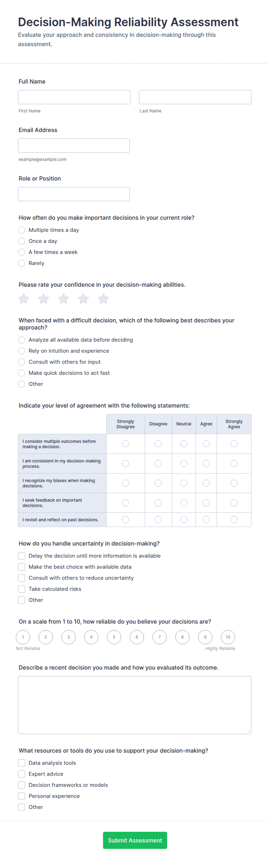 Decision-Making Reliability Assessment Form Template | Jotform