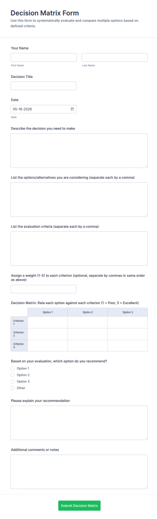 Decision Matrix Form Template