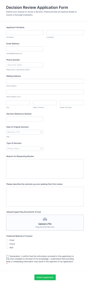 Decision Review Application Form Form Template