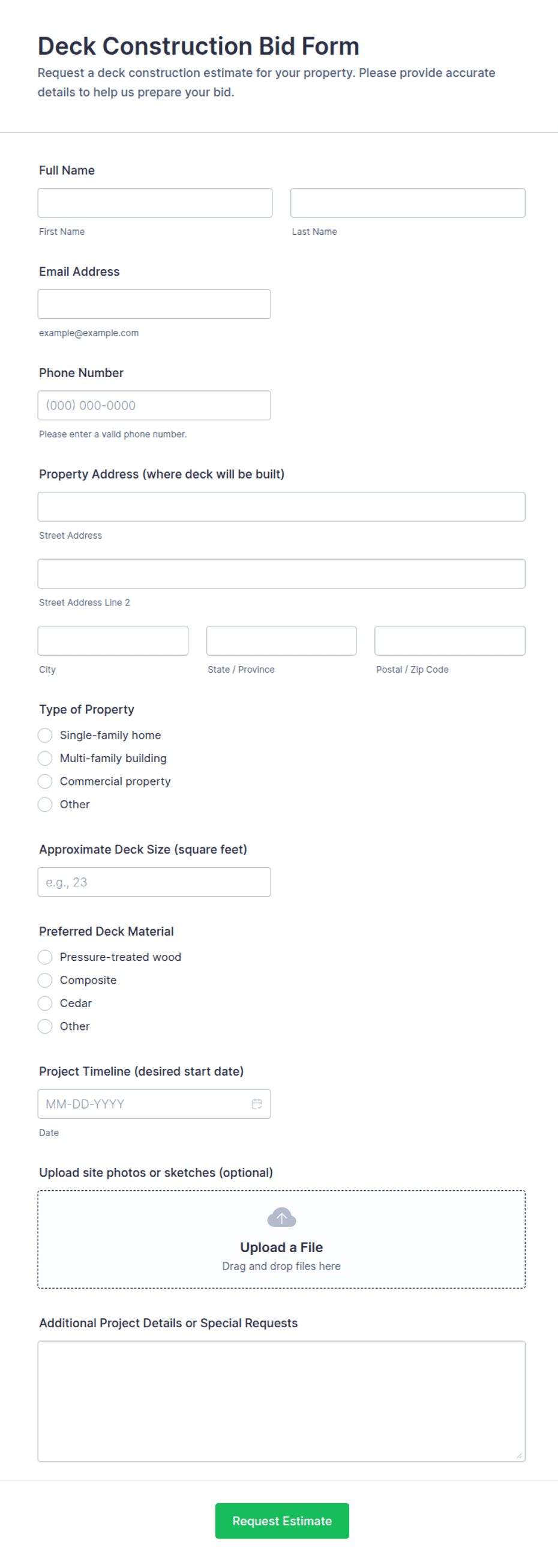 Deck Construction Bid Form Template | Jotform