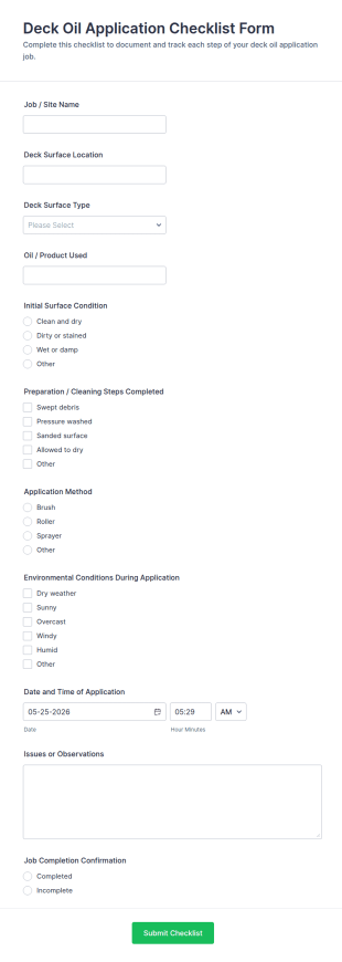 Deck Oil Application Checklist Form Template