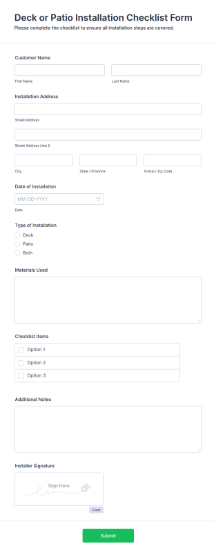 Deck Or Patio Installation Checklist Form Template